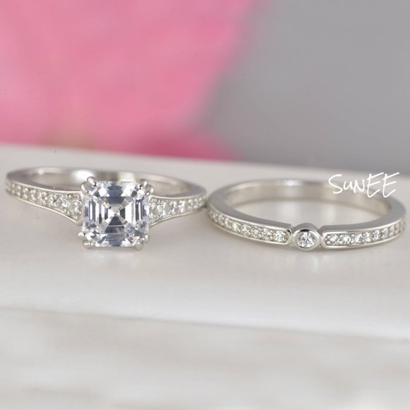 Real 925 Ascher Cut Wedding Engagement Ring Set - Picture 1 of 5